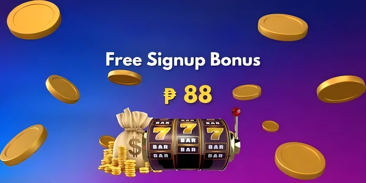 Purple banner with a triple-seven slot machine, a money bag and stacks of gold coins promoting a free signup bonus